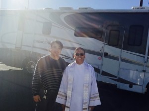 Rev. Albert Miranda, Diocese of Tucson, with statue custodian Patrick Sabat, blessed his 4-day, 2000 mile journey with the RV Motorhome, from Arizona to Indiana. The motorhome will be painted for the Fatima Centennial Tour for Peace, visiting 100 Dioceses in all the 50 States!